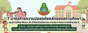 ประกาศ เรื่อง มาตรการความปลอดภัยของสถานศึกษา เพื่อยกระดับการป้องกันเฝ้าระวัง ลดความเสี่ยงและบริหารจัดกาความปลอดภัย แก่ นักเรียน ครู และ บุคคลากรทางการศึกษาอย่างมีประสิทธิภาพ โดยมี 7 มาตรการ ดังนี้